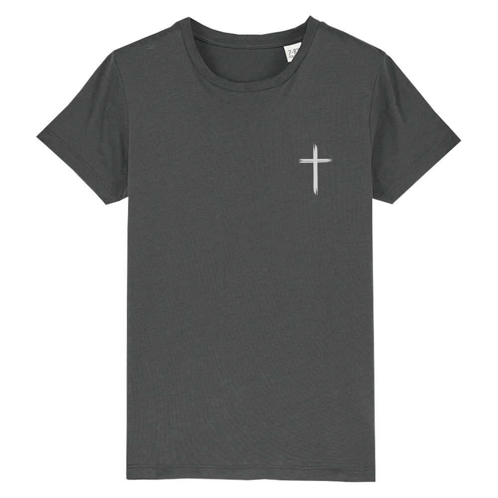 christliches T-Shirt für Kinder mit einem Unisex-Schnitt in anthrazit aus 100 % Bio-Baumwolle rechts auf der Brust ein Kreuz. Erhältlich in den Größen 98/104 bis 152/164