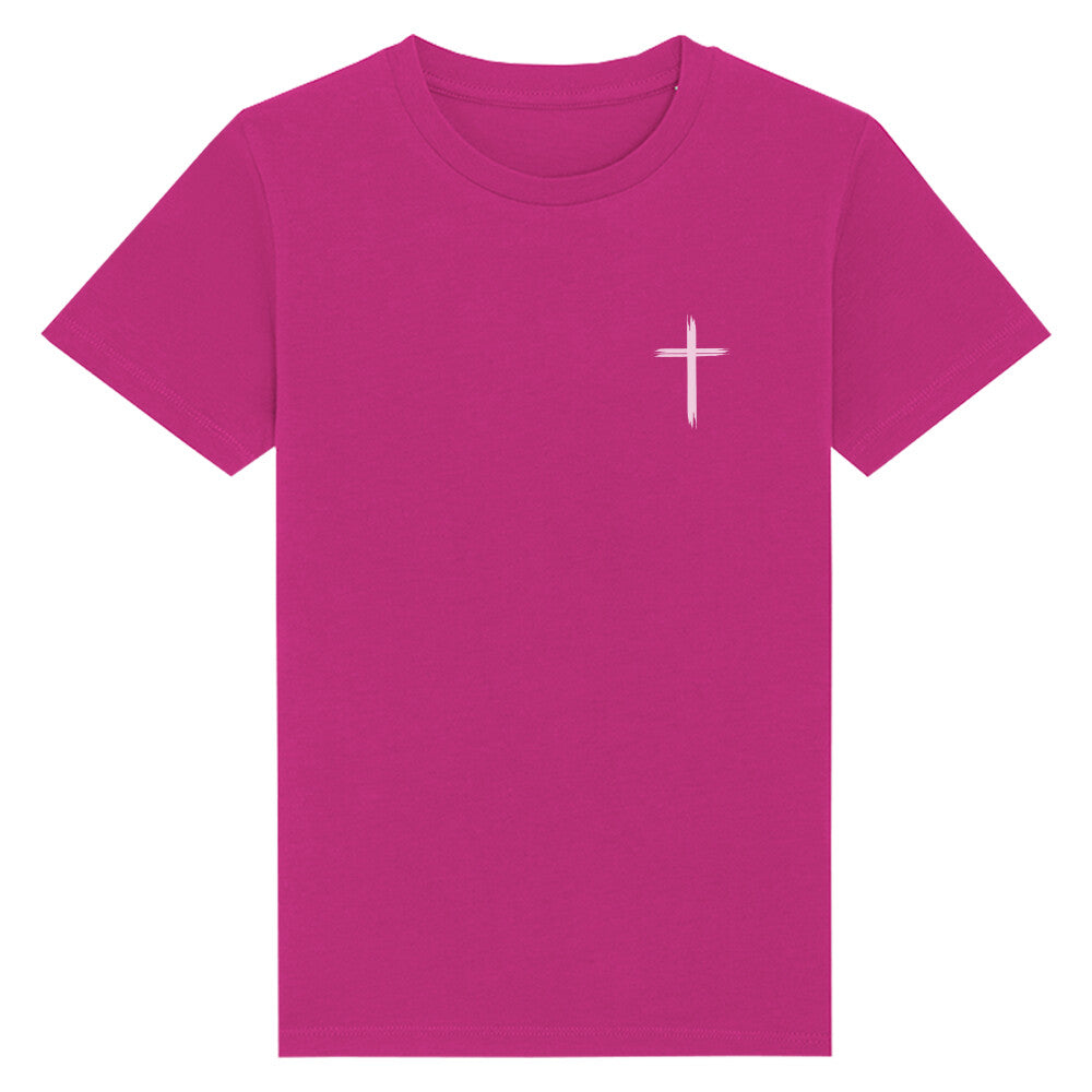 christliches T-Shirt für Kinder mit einem Unisex-Schnitt in lila aus 100 % Bio-Baumwolle rechts auf der Brust ein Kreuz. Erhältlich in den Größen 98/104 bis 152/164