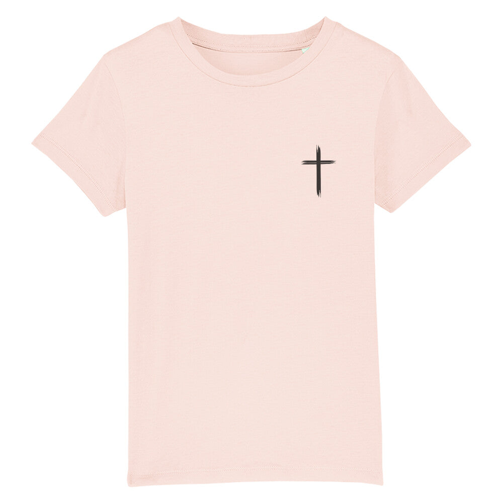 christliches T-Shirt für Kinder mit einem Unisex-Schnitt in pink aus 100 % Bio-Baumwolle rechts auf der Brust ein Kreuz. Erhältlich in den Größen 98/104 bis 152/164