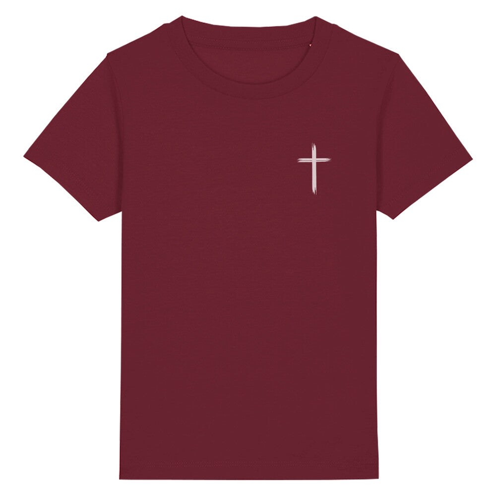 christliches T-Shirt für Kinder mit einem Unisex-Schnitt in dunkelrot aus 100 % Bio-Baumwolle rechts auf der Brust ein Kreuz. Erhältlich in den Größen 98/104 bis 152/164