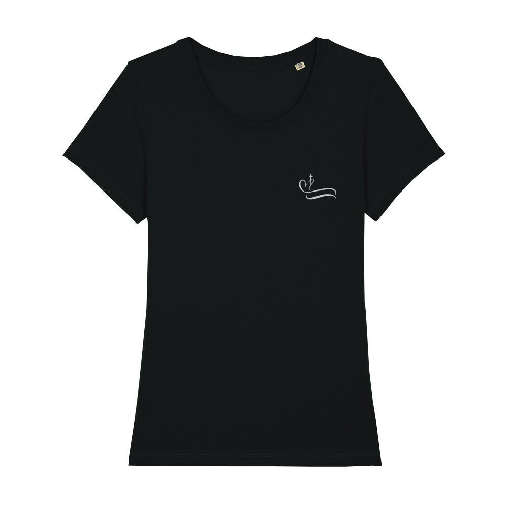 christliches T-Shirt mit einem Frauen-Schnitt in schwarz aus 100 % Bio-Baumwolle rechts auf der Brust ein Kreuz mit einem Herz. Erhältlich in den Größen XS bis XXL