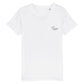 christliches T-Shirt für Kinder mit einem Unisex-Schnitt in weiß aus 100 % Bio-Baumwolle rechts auf der Brust ein Herz und ein Kreuz. Erhältlich in den Größen 98/104 bis 152/164
