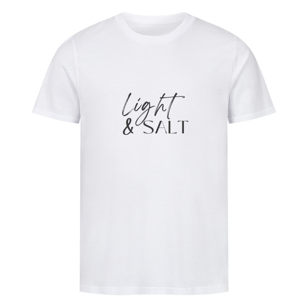 christliches T-Shirt mit einem Unisex-Schnitt in weiß aus 100 % Bio-Baumwolle mittig auf der Brust "Light & Salt". Erhältlich in den Größen S bis 4XL