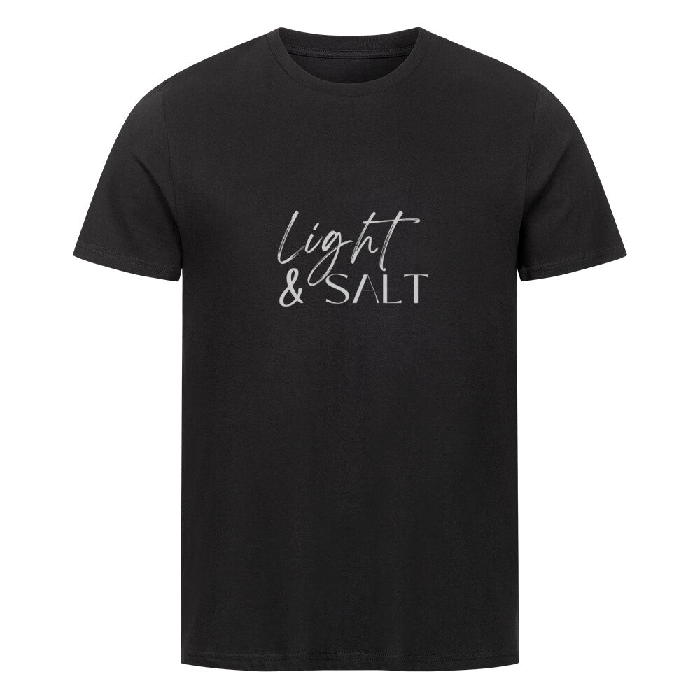 christliches T-Shirt mit einem Unisex-Schnitt in schwarz aus 100 % Bio-Baumwolle mittig auf der Brust "Light & Salt". Erhältlich in den Größen S bis 4XL