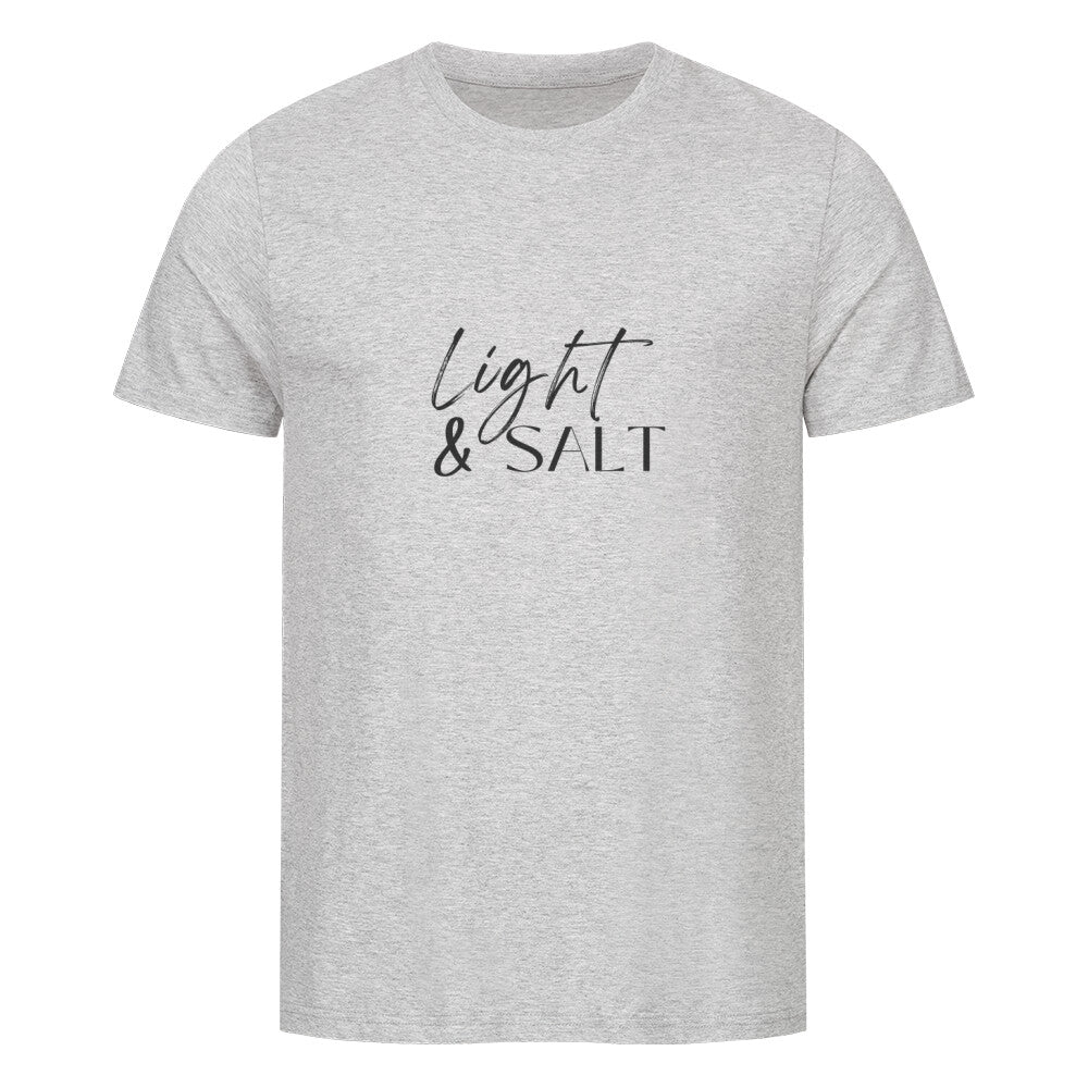 christliches T-Shirt mit einem Unisex-Schnitt in grau aus 100 % Bio-Baumwolle mittig auf der Brust "Light & Salt". Erhältlich in den Größen S bis 4XL