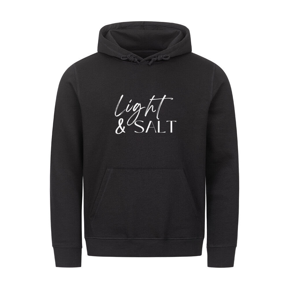 christlicher Hoodie mit einem Unisex-Schnitt in schwarz aus Bio-Baumwolle mittig auf der Brust "Light & Salt". Erhältlich in den Größen XS bis XXL