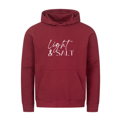 christlicher Hoodie mit einem Unisex-Schnitt in dunkelrot aus Bio-Baumwolle mittig auf der Brust "Light & Salt". Erhältlich in den Größen XS bis XXL