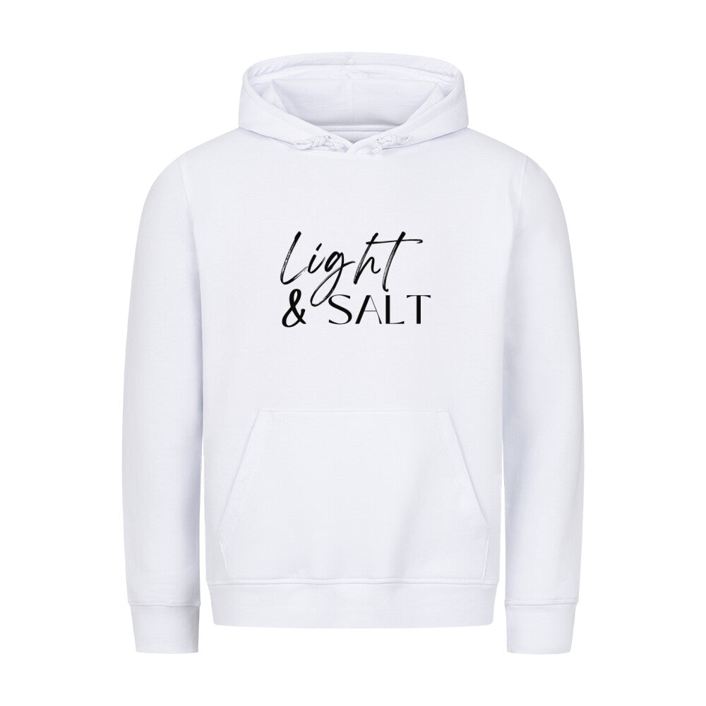 christlicher Hoodie mit einem Unisex-Schnitt in weiß aus Bio-Baumwolle mittig auf der Brust "Light & Salt". Erhältlich in den Größen XS bis XXL