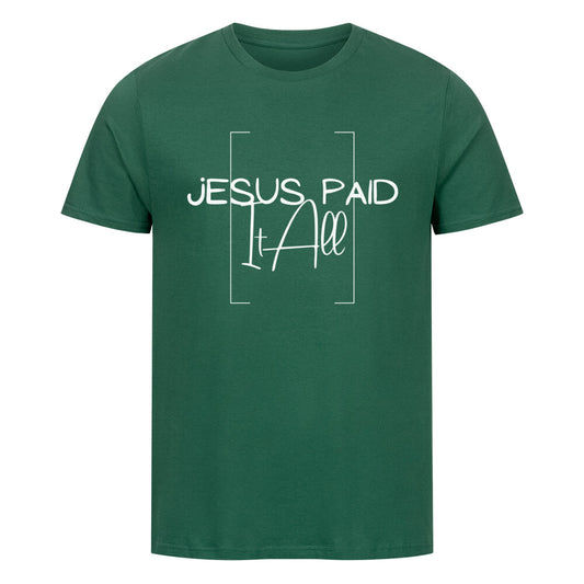 christliches T-Shirt mit einem Unisex-Schnitt in grün aus 100 % Bio-Baumwolle mittig auf der Brust "Jesus paid it all". Erhältlich in den Größen S bis 4XL