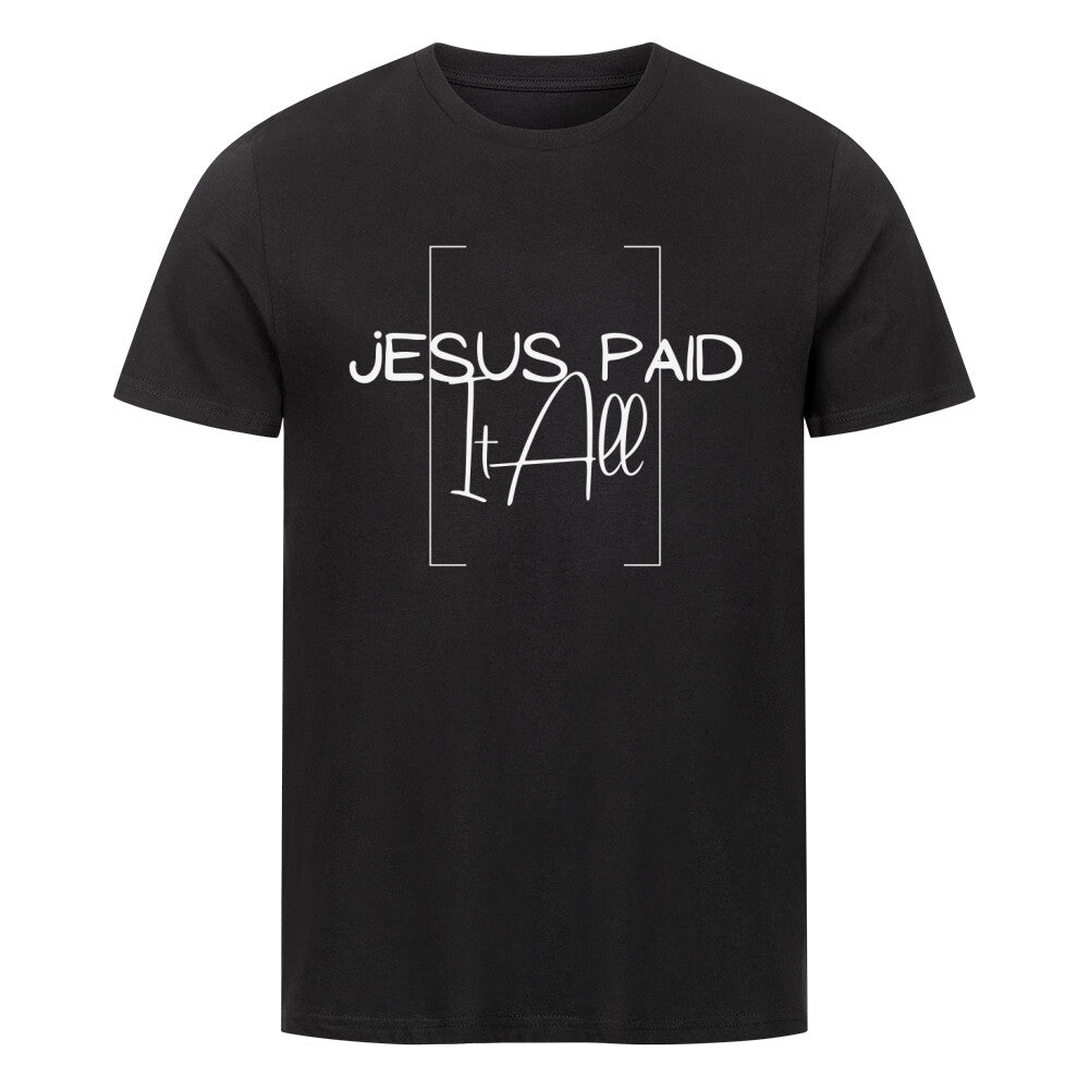 christliches T-Shirt mit einem Unisex-Schnitt in schwarz aus 100 % Bio-Baumwolle mittig auf der Brust "Jesus paid it all". Erhältlich in den Größen S bis 4XL