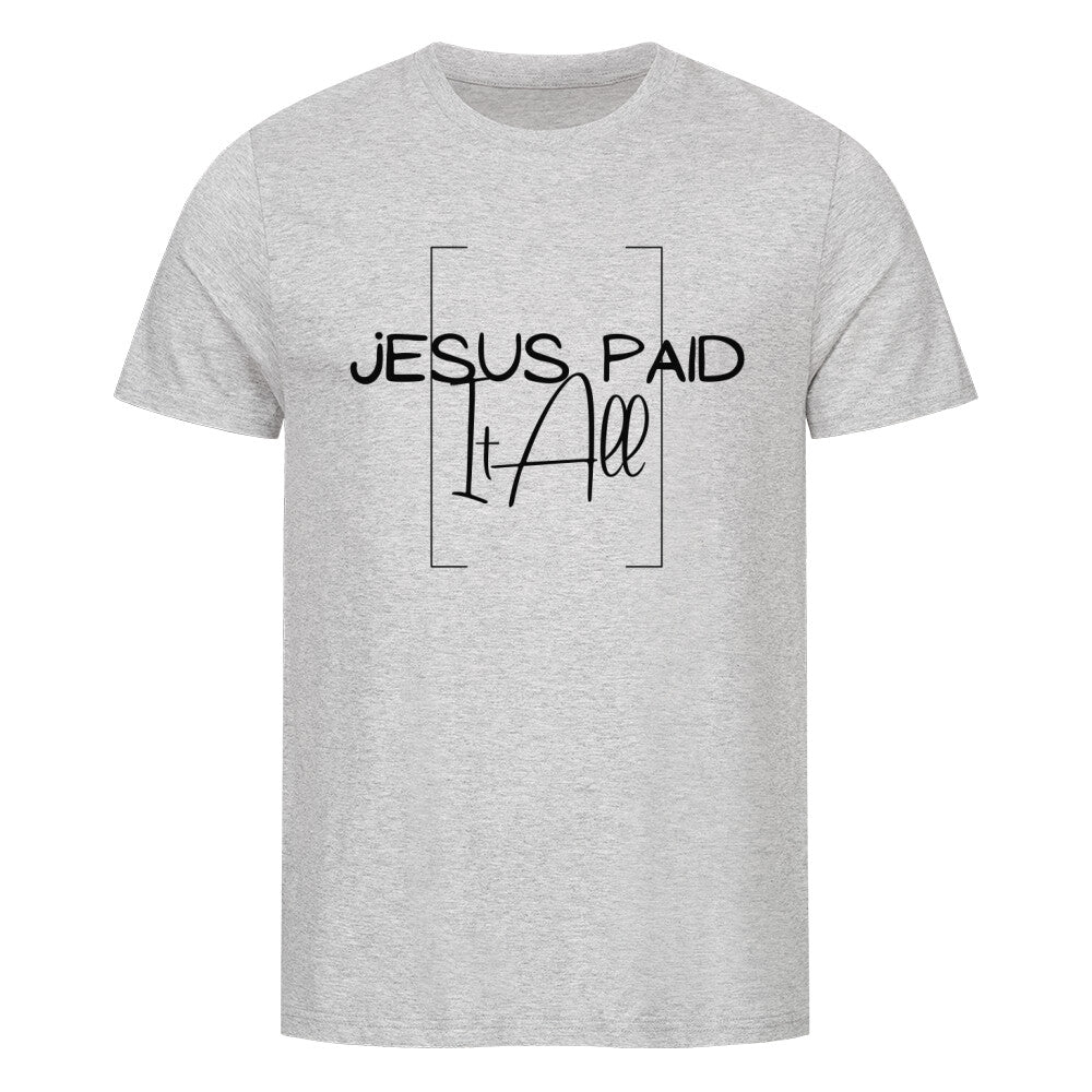 christliches T-Shirt mit einem Unisex-Schnitt in grau aus 100 % Bio-Baumwolle mittig auf der Brust "Jesus paid it all". Erhältlich in den Größen S bis 4XL