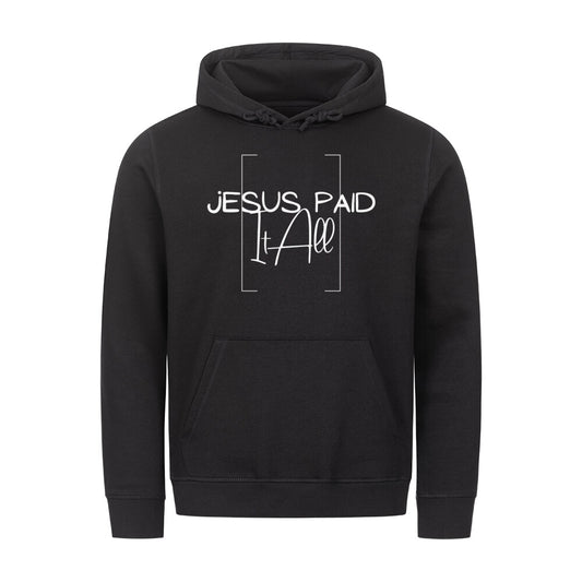 christlicher Hoodie mit einem Unisex-Schnitt in schwarz aus Bio-Baumwolle mittig auf der Brust "Jesus paid it all". Erhältlich in den Größen XS bis XXL