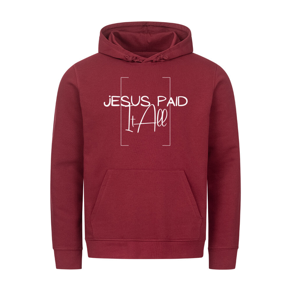 christlicher Hoodie mit einem Unisex-Schnitt in dunkelrot aus Bio-Baumwolle rechts minimalistisch auf der Brust "Jesus lebt". Erhältlich in den Größen XS bis XXL