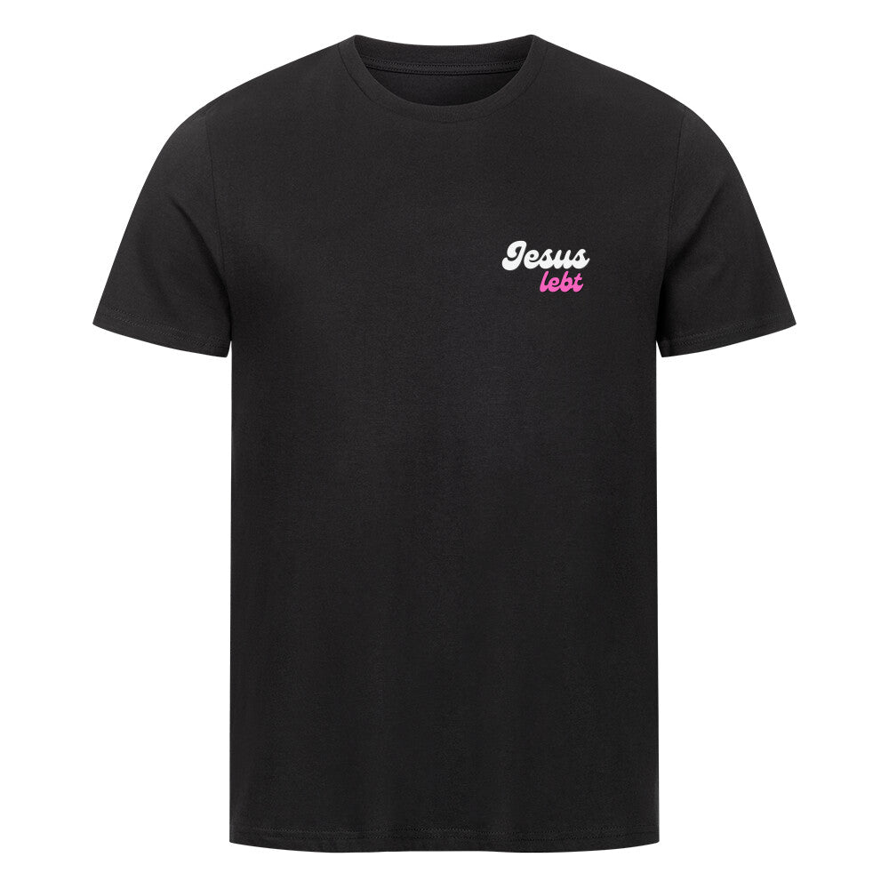 christliches T-Shirt mit einem Unisex-Schnitt in schwarz aus 100 % Bio-Baumwolle rechts minimalistisch auf der Brust "Jesus lebt". Erhältlich in den Größen S bis 4XL