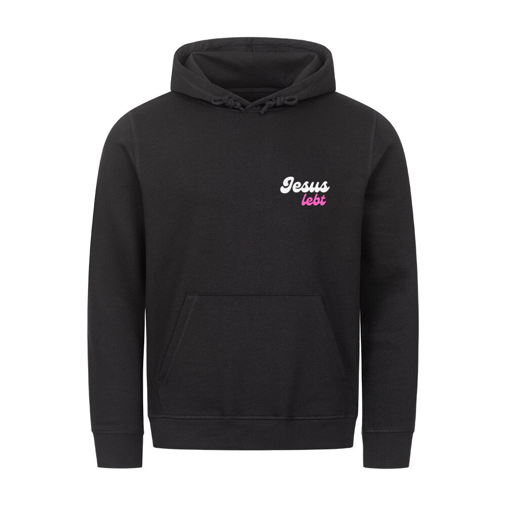 christlicher Hoodie mit einem Unisex-Schnitt in schwarz aus Bio-Baumwolle rechts minimalistisch auf der Brust "Jesus lebt". Erhältlich in den Größen XS bis XXL