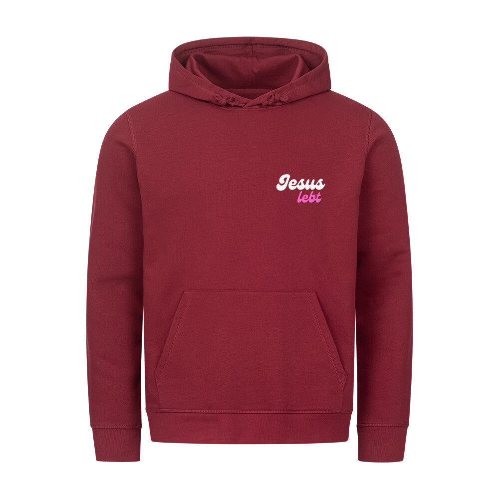 christlicher Hoodie mit einem Unisex-Schnitt in dunkelrot aus Bio-Baumwolle rechts minimalistisch auf der Brust "Jesus lebt". Erhältlich in den Größen XS bis XXL