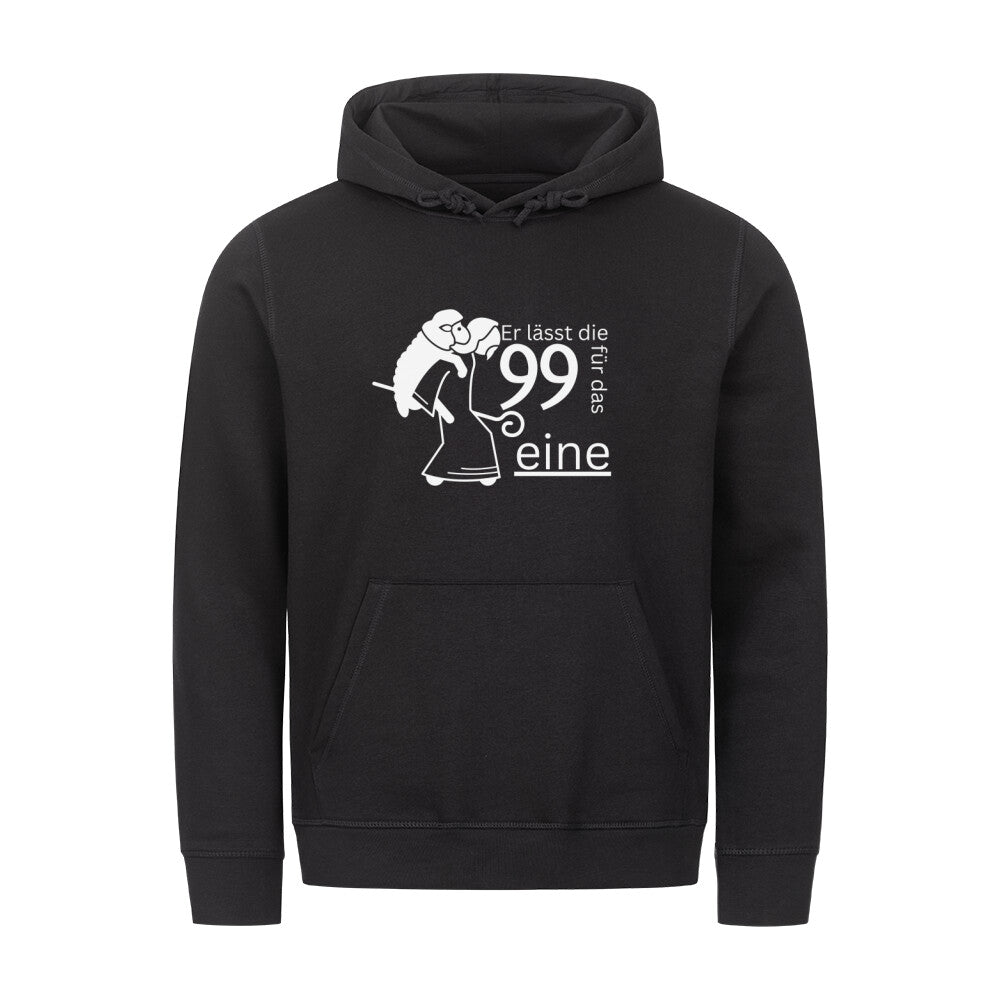 christlicher Hoodie mit einem Unisex-Schnitt in schwarz aus Bio-Baumwolle mittig auf der Brust "Er lässt die 99 für das eine" mit einem Hirten der ein Scharf auf dem Rücken trägt. Erhältlich in den Größen XS bis XXL