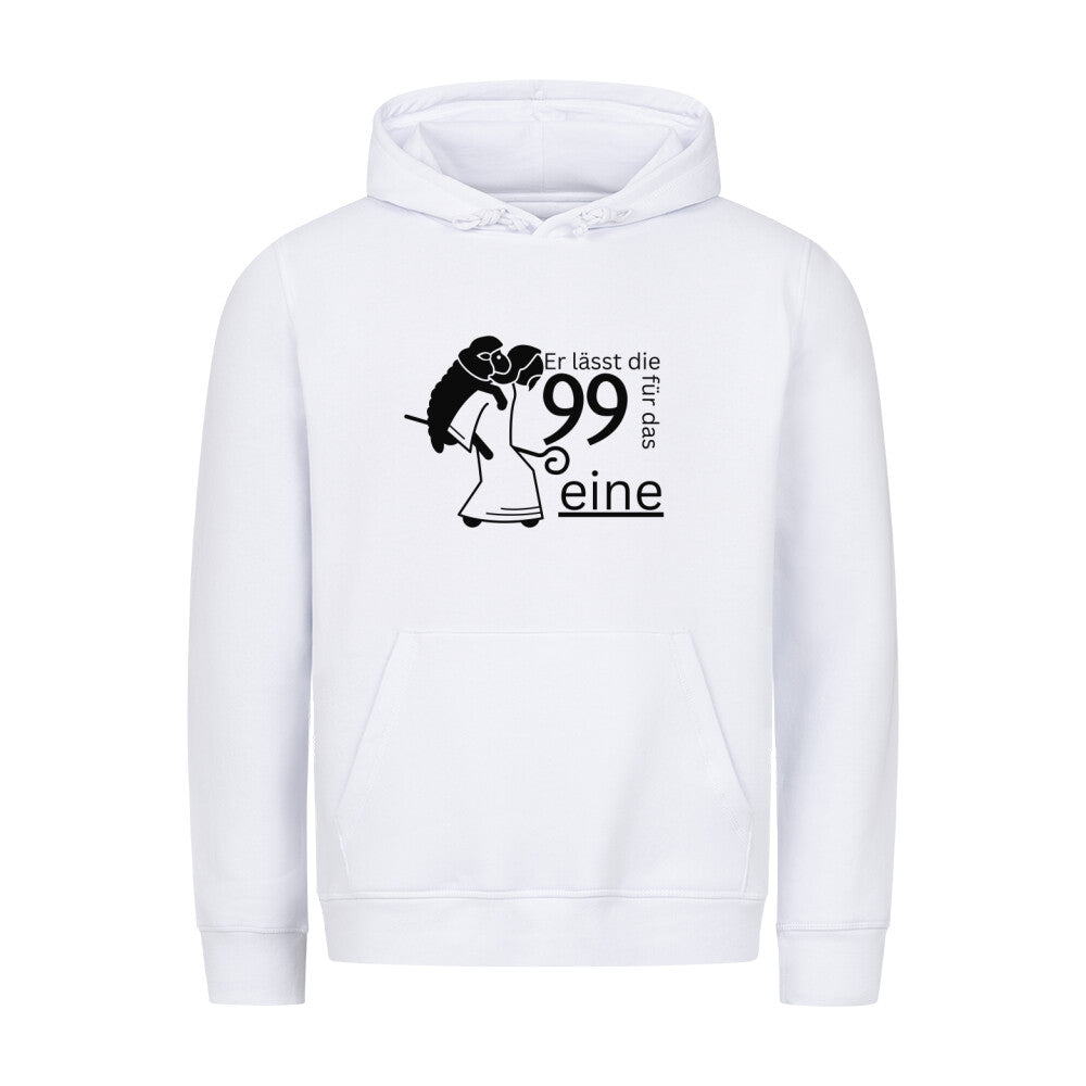 christlicher Hoodie mit einem Unisex-Schnitt in weiß aus Bio-Baumwolle mittig auf der Brust "Er lässt die 99 für das eine" mit einem Hirten der ein Scharf auf dem Rücken trägt. Erhältlich in den Größen XS bis XXL