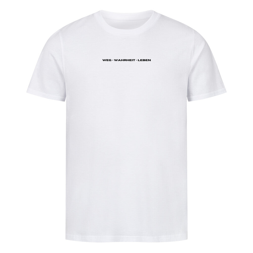 christliches T-Shirt mit einem Unisex-Schnitt in weiß aus 100 % Bio-Baumwolle minimalistisch mittig auf der Brust "Weg - Wahrheit - Leben". Erhältlich in den Größen S bis 4XL