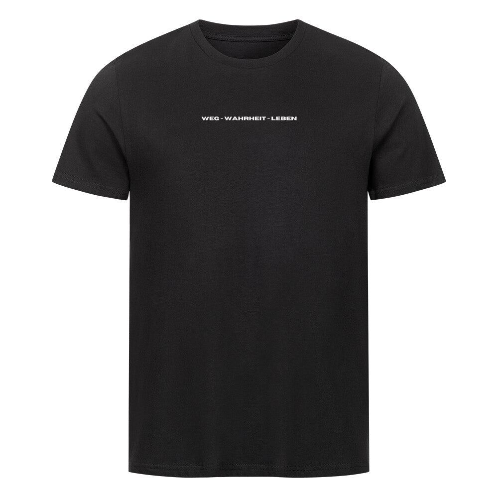 christliches T-Shirt mit einem Unisex-Schnitt in schwarz aus 100 % Bio-Baumwolle minimalistisch mittig auf der Brust "Weg - Wahrheit - Leben". Erhältlich in den Größen S bis 4XL