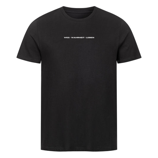 christliches T-Shirt mit einem Unisex-Schnitt in schwarz aus 100 % Bio-Baumwolle minimalistisch mittig auf der Brust "Weg - Wahrheit - Leben". Erhältlich in den Größen S bis 4XL