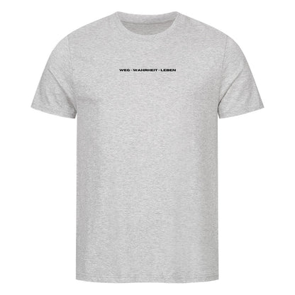 christliches T-Shirt mit einem Unisex-Schnitt in grau aus 100 % Bio-Baumwolle minimalistisch mittig auf der Brust "Weg - Wahrheit - Leben". Erhältlich in den Größen S bis 4XL