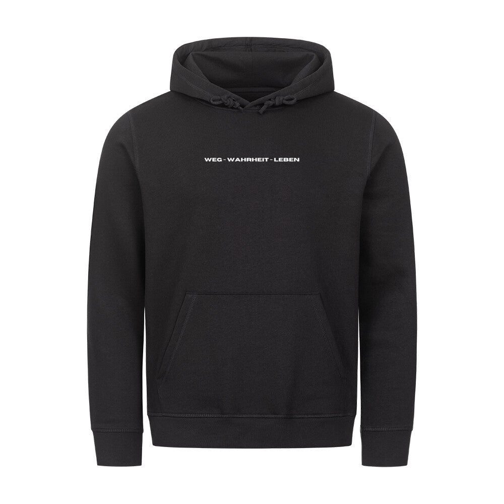 christlicher Hoodie mit einem Unisex-Schnitt in schwarz aus Bio-Baumwolle minimalistisch mittig auf der Brust "Weg - Wahrheit - Leben". Erhältlich in den Größen XS bis XXL