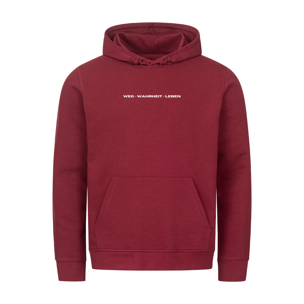 christlicher Hoodie mit einem Unisex-Schnitt in dunkelrot aus Bio-Baumwolle minimalistisch mittig auf der Brust "Weg - Wahrheit - Leben". Erhältlich in den Größen XS bis XXL