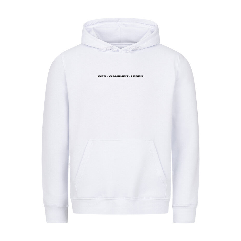 christlicher Hoodie mit einem Unisex-Schnitt in weiß aus Bio-Baumwolle minimalistisch mittig auf der Brust "Weg - Wahrheit - Leben". Erhältlich in den Größen XS bis XXL