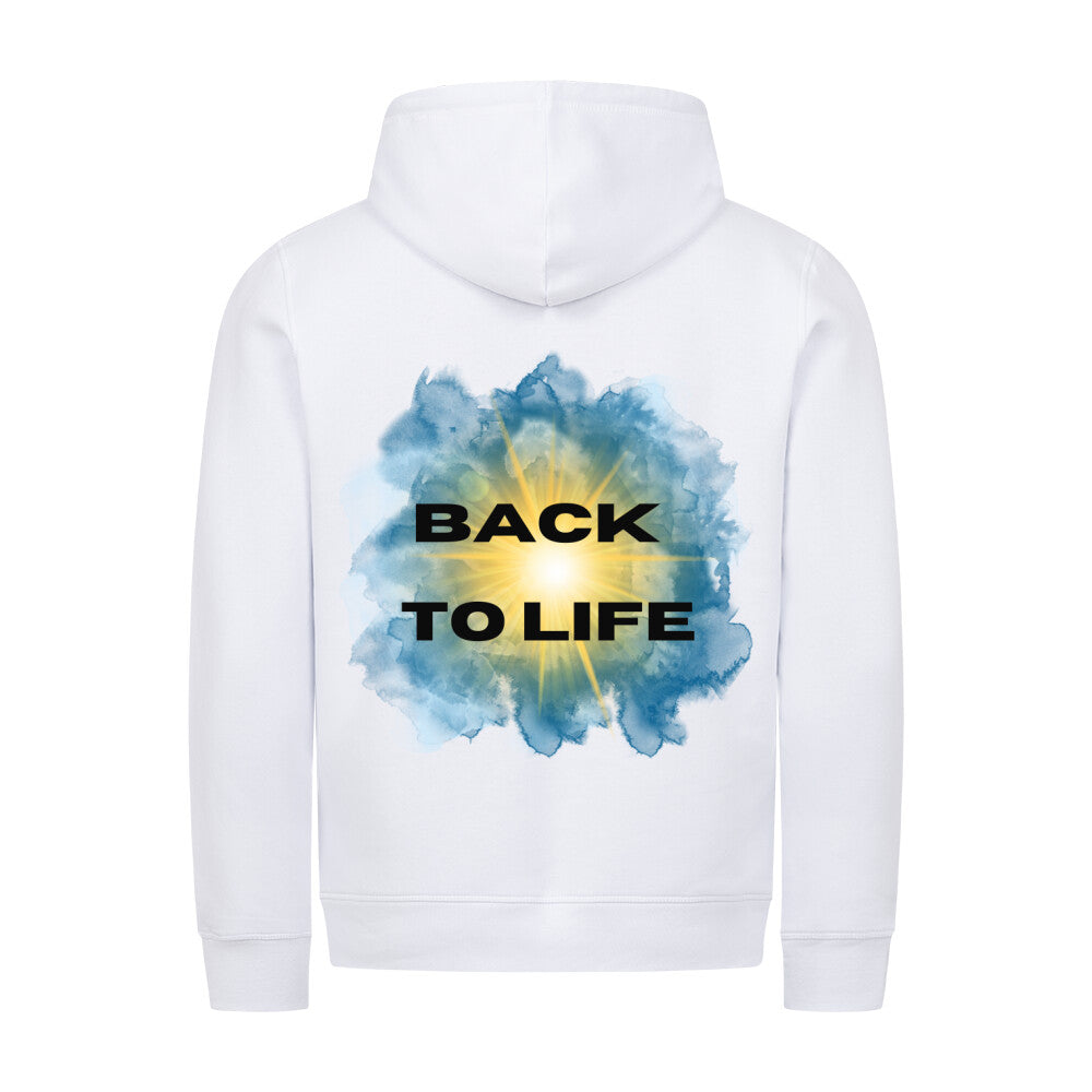 christlicher Hoodie mit einem Unisex-Schnitt in weiß aus Bio-Baumwolle auf dem Rücken mit einem Durchbruch und der Sonne und im Vordergrund der Schriftzug "Back to life" aus unserer Streetwear Kollektion. Erhältlich in den Größen XS bis XXL