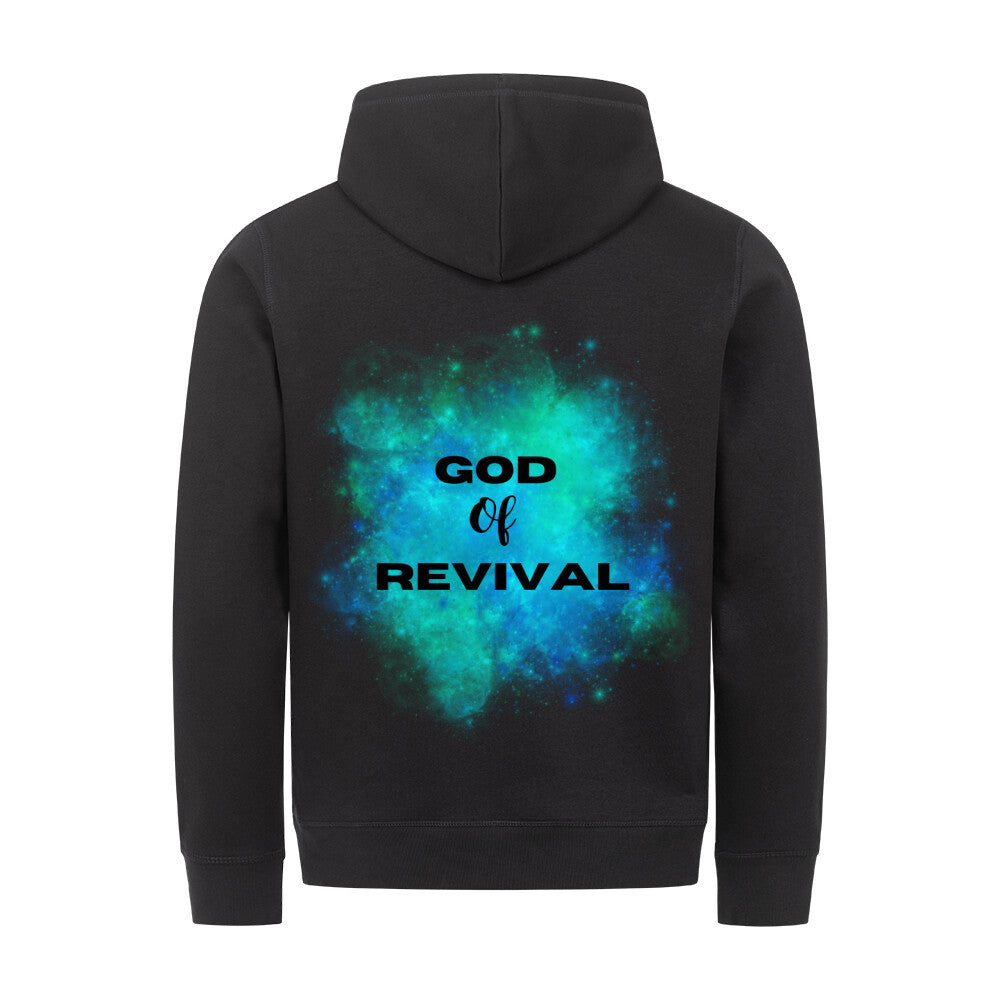 christlicher Hoodie mit einem Unisex-Schnitt in schwarz aus Bio-Baumwolle auf dem Rücken mit dem Universum und im Vordergrund der Schriftzug "God of Revival" aus unserer Streetwear Kollektion. Erhältlich in den Größen XS bis XXL