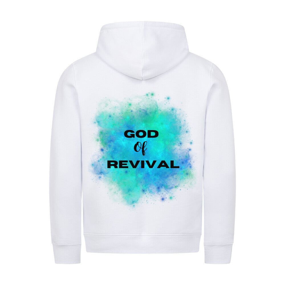 christlicher Hoodie mit einem Unisex-Schnitt in weiß aus Bio-Baumwolle auf dem Rücken mit dem Universum und im Vordergrund der Schriftzug "God of Revival" aus unserer Streetwear Kollektion. Erhältlich in den Größen XS bis XXL