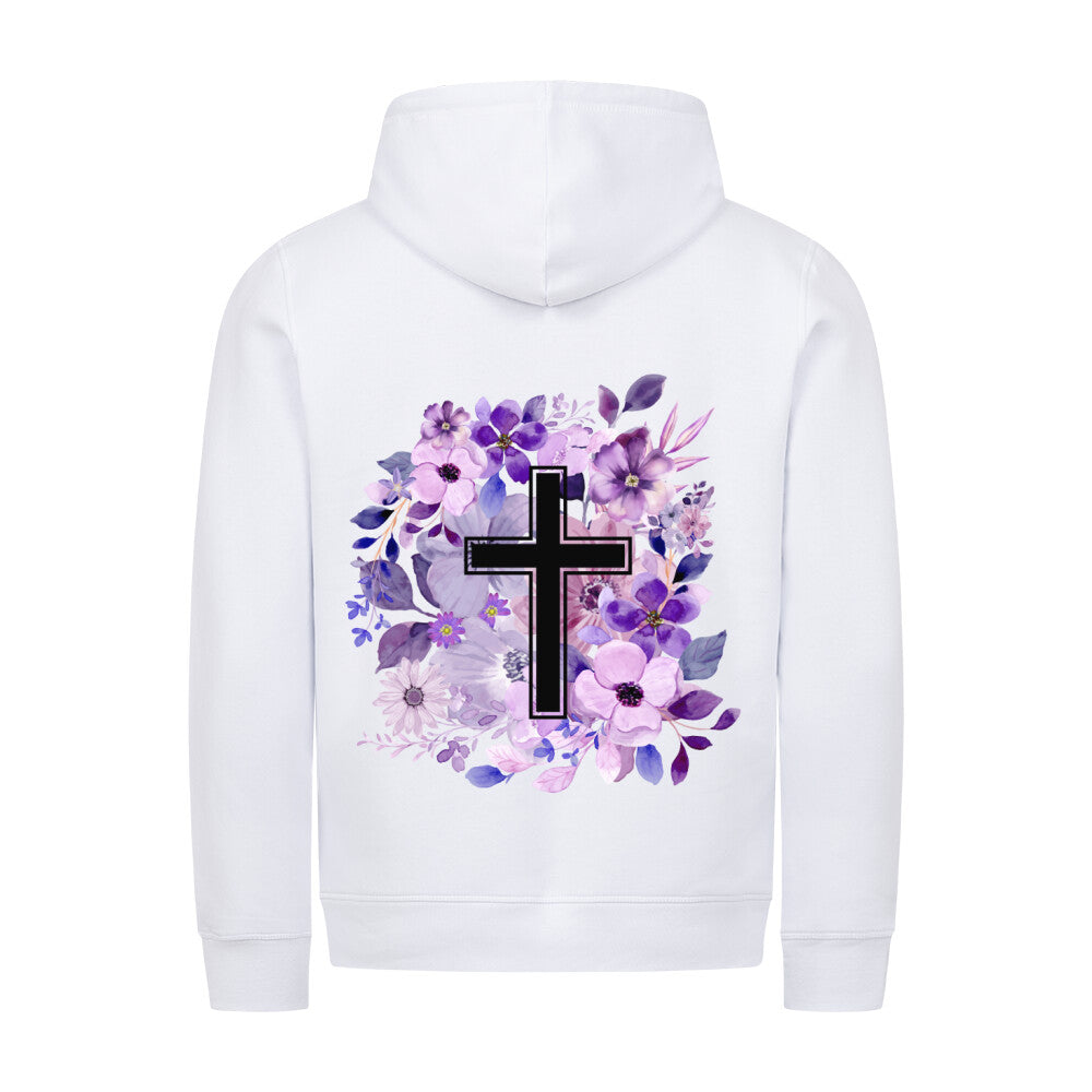 christlicher Hoodie mit einem Unisex-Schnitt in weiß aus Bio-Baumwolle auf dem Rücken mit vielen Blumen und im Vordergrund ein Kreuz aus unserer Streetwear Kollektion. Erhältlich in den Größen XS bis XXL