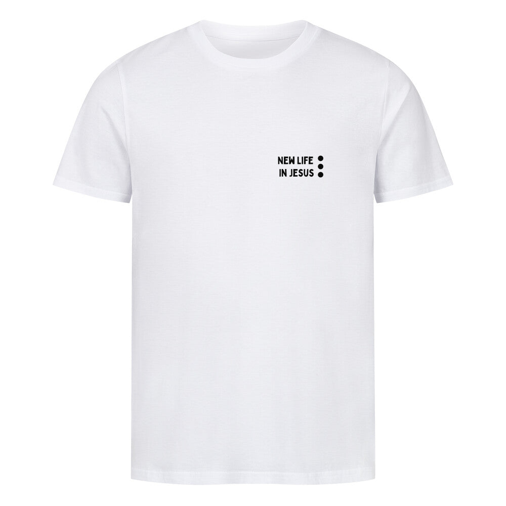 christliches T-Shirt mit einem Unisex-Schnitt in weiß aus 100 % Bio-Baumwolle minimalistisch mittig auf der Brust "Weg - Wahrheit - Leben". Erhältlich in den Größen S bis 4XL