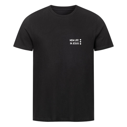 christliches T-Shirt mit einem Unisex-Schnitt in schwarz aus 100 % Bio-Baumwolle rechts minimalistisch auf der Brust "New life in Jesus". Erhältlich in den Größen S bis 4XL