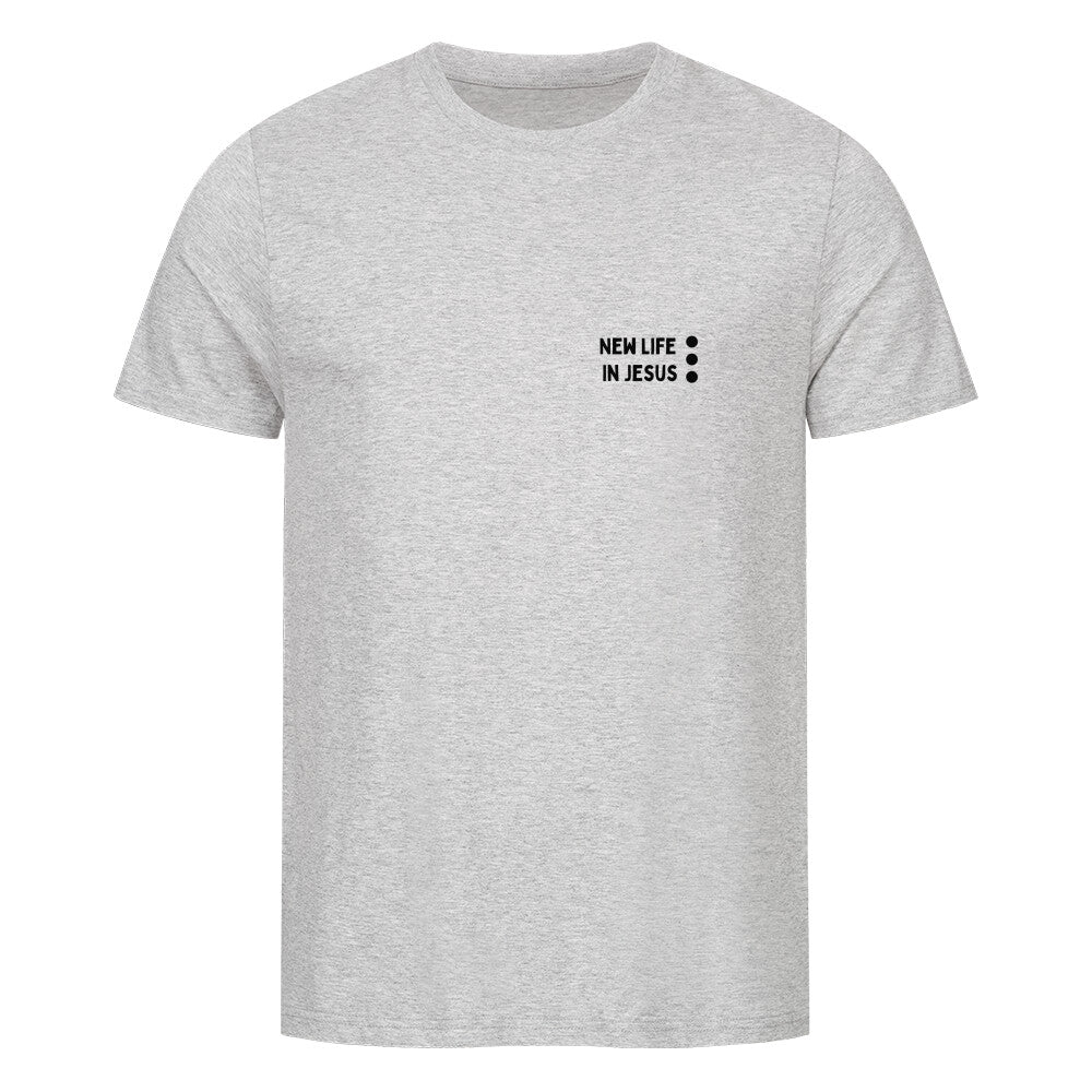 christliches T-Shirt mit einem Unisex-Schnitt in grau aus 100 % Bio-Baumwolle minimalistisch mittig auf der Brust "Weg - Wahrheit - Leben". Erhältlich in den Größen S bis 4XL