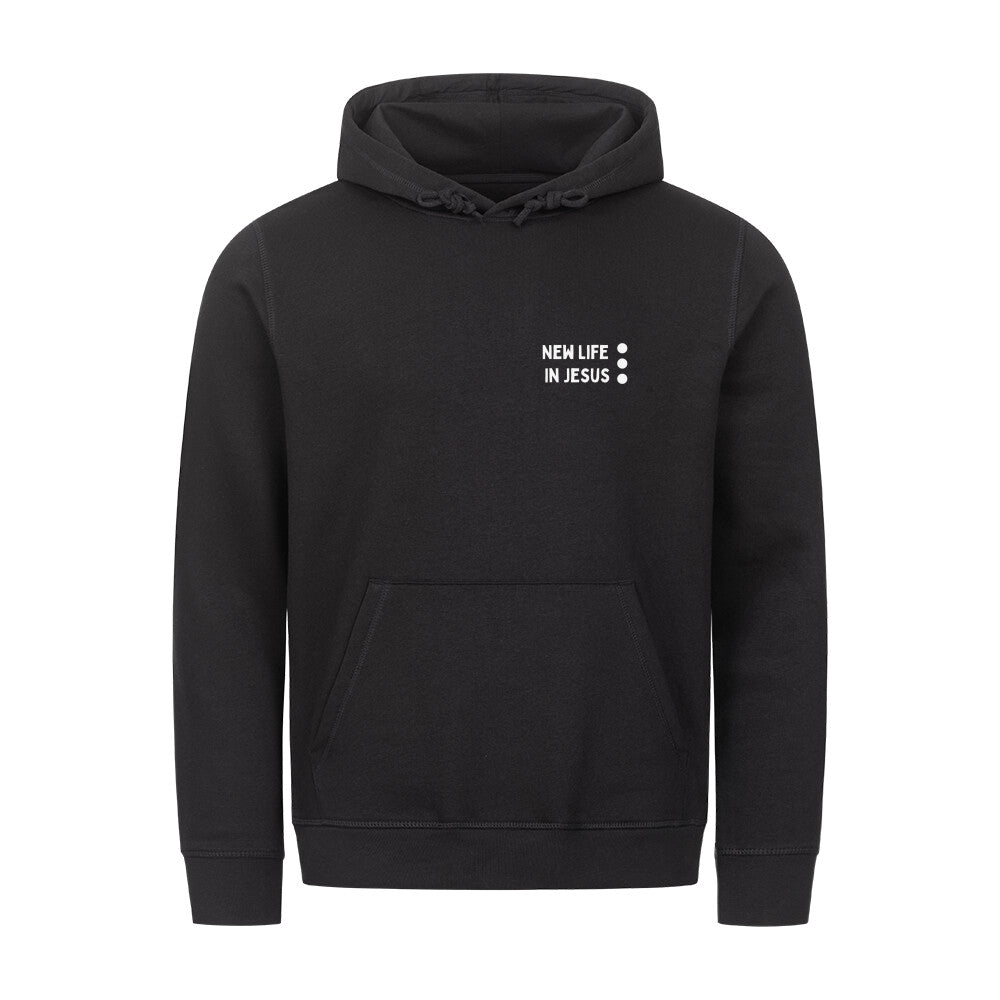 christlicher Hoodie mit einem Unisex-Schnitt in schwarz aus Bio-Baumwolle rechts minimalistisch auf der Brust "New life in Jesus". Erhältlich in den Größen XS bis XXL