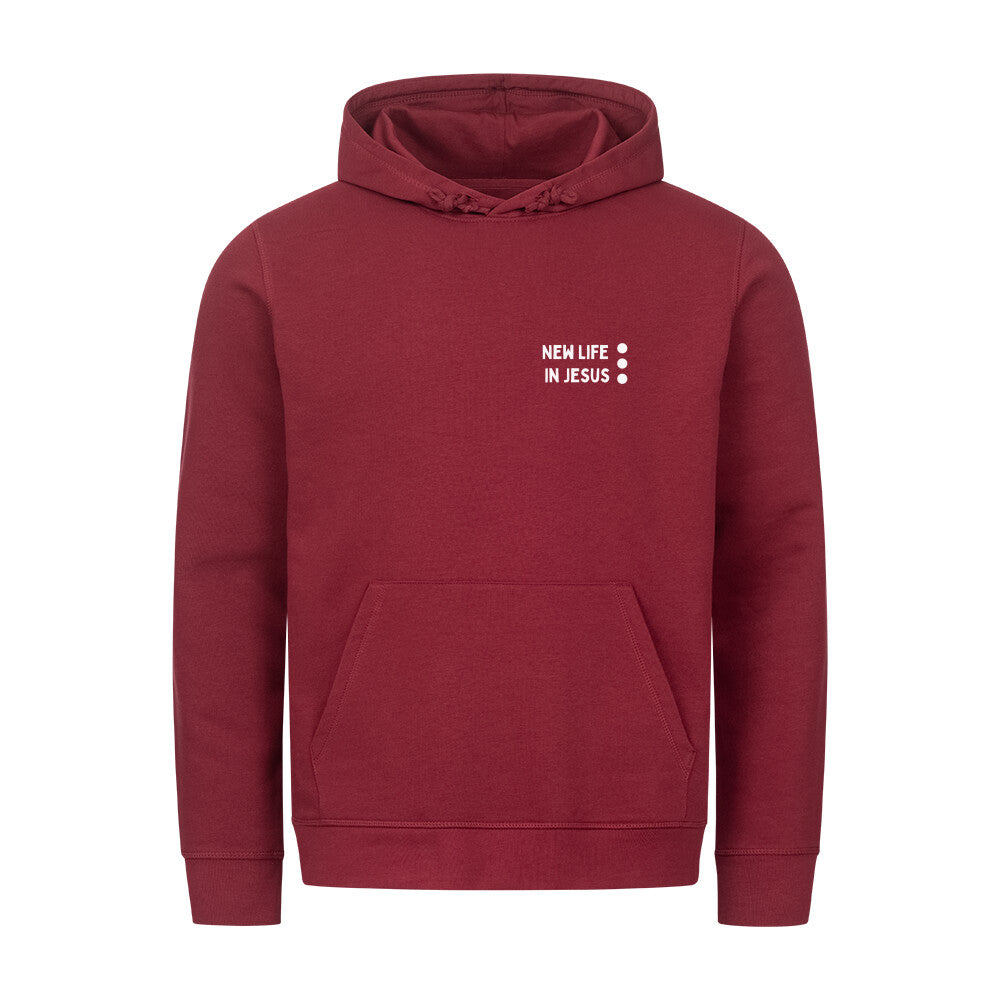 christlicher Hoodie mit einem Unisex-Schnitt in dunkelrot aus Bio-Baumwolle rechts minimalistisch auf der Brust "New life in Jesus". Erhältlich in den Größen XS bis XXL