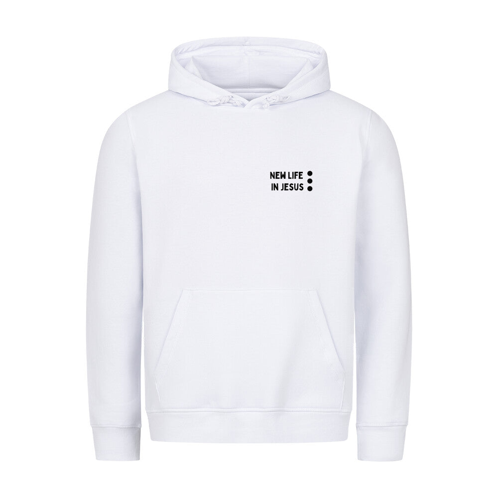 christlicher Hoodie mit einem Unisex-Schnitt in weiß aus Bio-Baumwolle rechts minimalistisch auf der Brust "New life in Jesus". Erhältlich in den Größen XS bis XXL