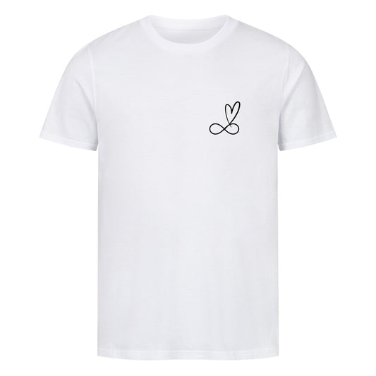 christliches T-Shirt mit einem Unisex-Schnitt in weiß aus 100 % Bio-Baumwolle rechts minimalistisch auf der Brust das unendlich Zeichen und darüber ein Herz. Erhältlich in den Größen S bis 4XL