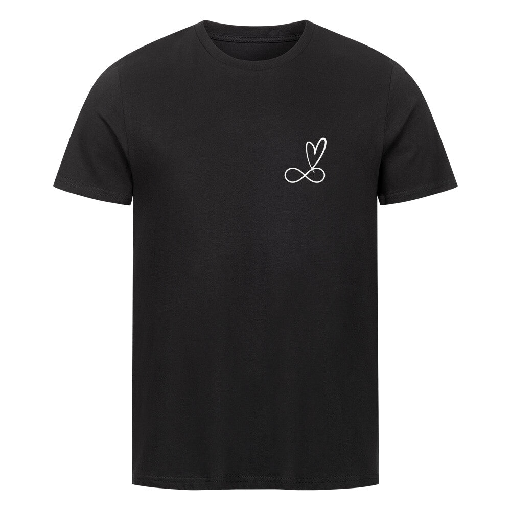 christliches T-Shirt mit einem Unisex-Schnitt in schwarz aus 100 % Bio-Baumwolle rechts minimalistisch auf der Brust das unendlich Zeichen und darüber ein Herz. Erhältlich in den Größen S bis 4XL