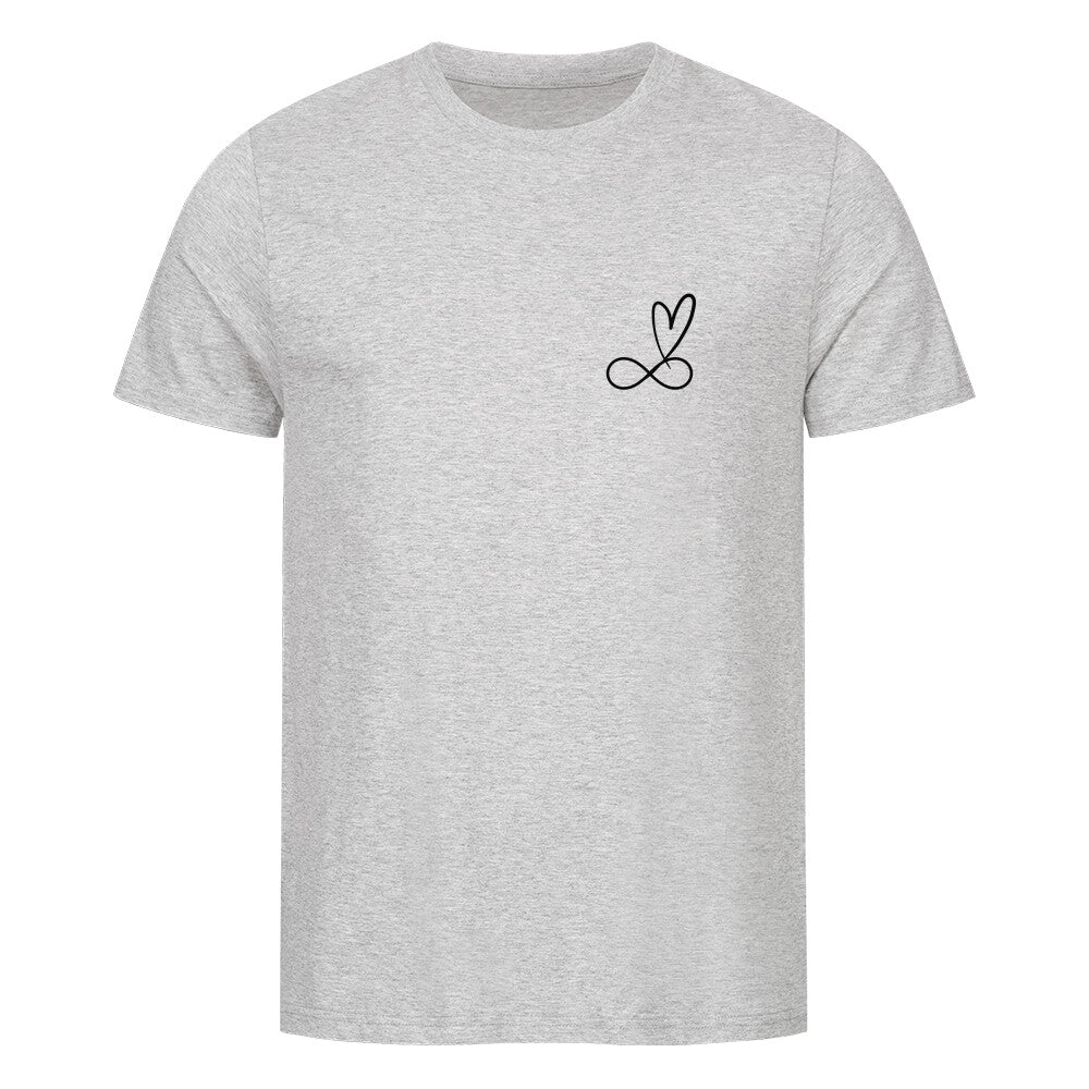 christliches T-Shirt mit einem Unisex-Schnitt in grau aus 100 % Bio-Baumwolle rechts minimalistisch auf der Brust das unendlich Zeichen und darüber ein Herz. Erhältlich in den Größen S bis 4XL