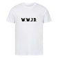 christliches T-Shirt mit einem Unisex-Schnitt in weiß aus 100 % Bio-Baumwolle mittig auf der Brust "W.W.J.D.". Erhältlich in den Größen S bis 4XL