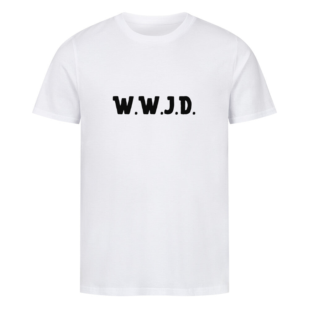 christliches T-Shirt mit einem Unisex-Schnitt in weiß aus 100 % Bio-Baumwolle mittig auf der Brust "W.W.J.D.". Erhältlich in den Größen S bis 4XL