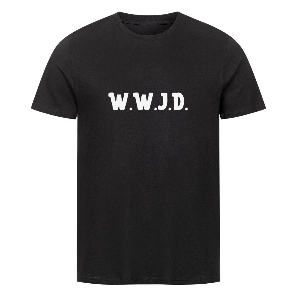 christliches T-Shirt mit einem Unisex-Schnitt in schwarz aus 100 % Bio-Baumwolle mittig auf der Brust "W.W.J.D.". Erhältlich in den Größen S bis 4XL