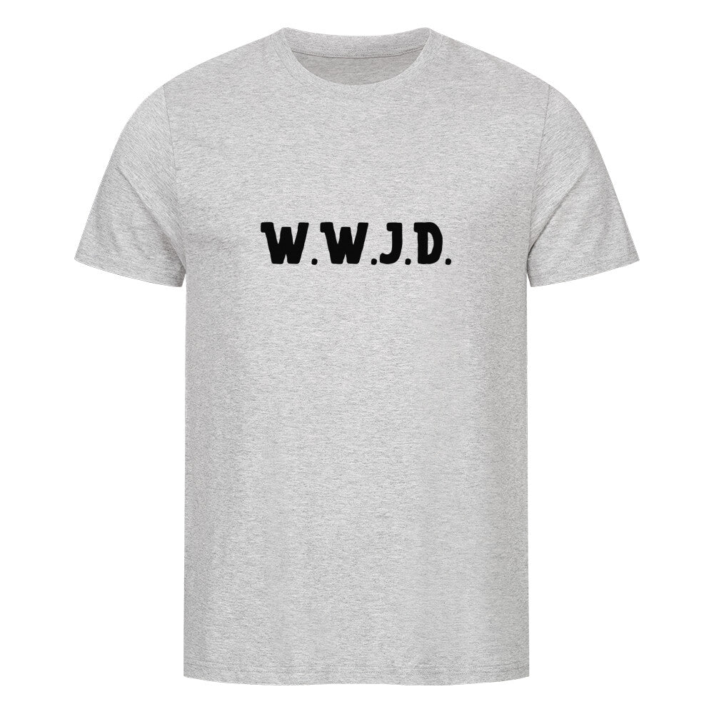 christliches T-Shirt mit einem Unisex-Schnitt in grau aus 100 % Bio-Baumwolle mittig auf der Brust "W.W.J.D.". Erhältlich in den Größen S bis 4XL