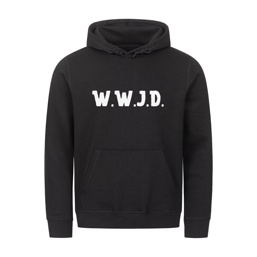 christlicher Hoodie mit einem Unisex-Schnitt in schwarz aus Bio-Baumwolle mittig auf der Brust "W.W.J.D.". Erhältlich in den Größen XS bis XXL