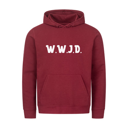 christlicher Hoodie mit einem Unisex-Schnitt in dunkelrot aus Bio-Baumwolle mittig auf der Brust "W.W.J.D.". Erhältlich in den Größen XS bis XXL