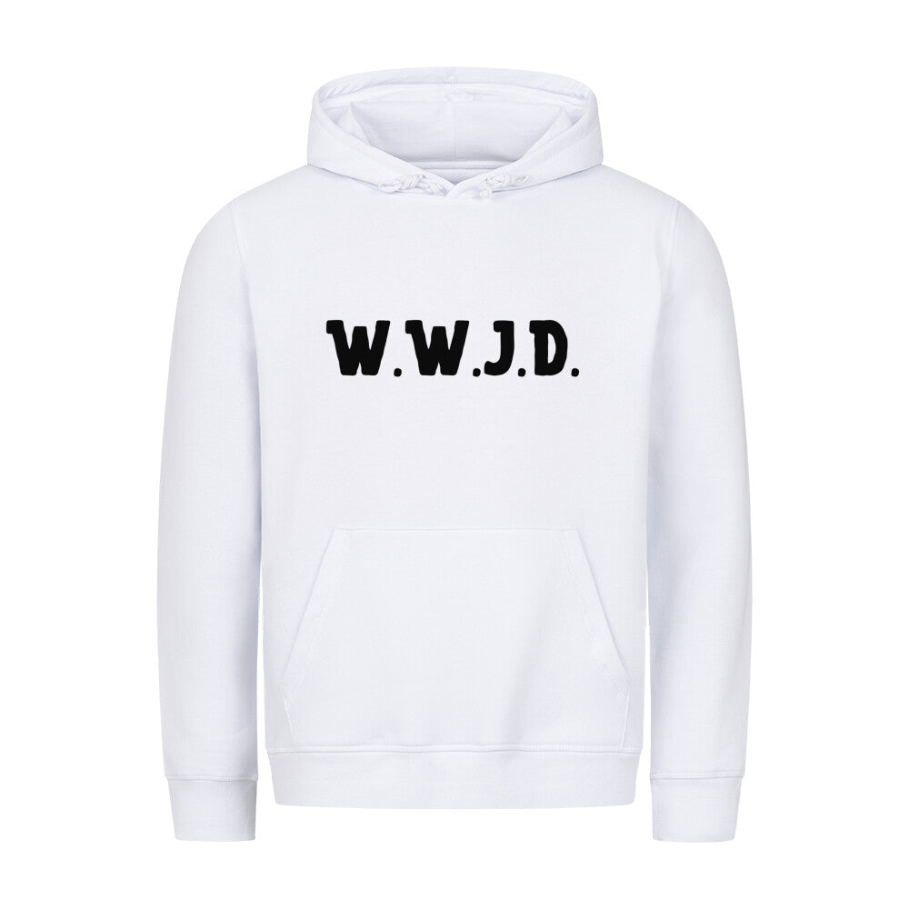 christlicher Hoodie mit einem Unisex-Schnitt in weiß aus Bio-Baumwolle mittig auf der Brust "W.W.J.D.". Erhältlich in den Größen XS bis XXL