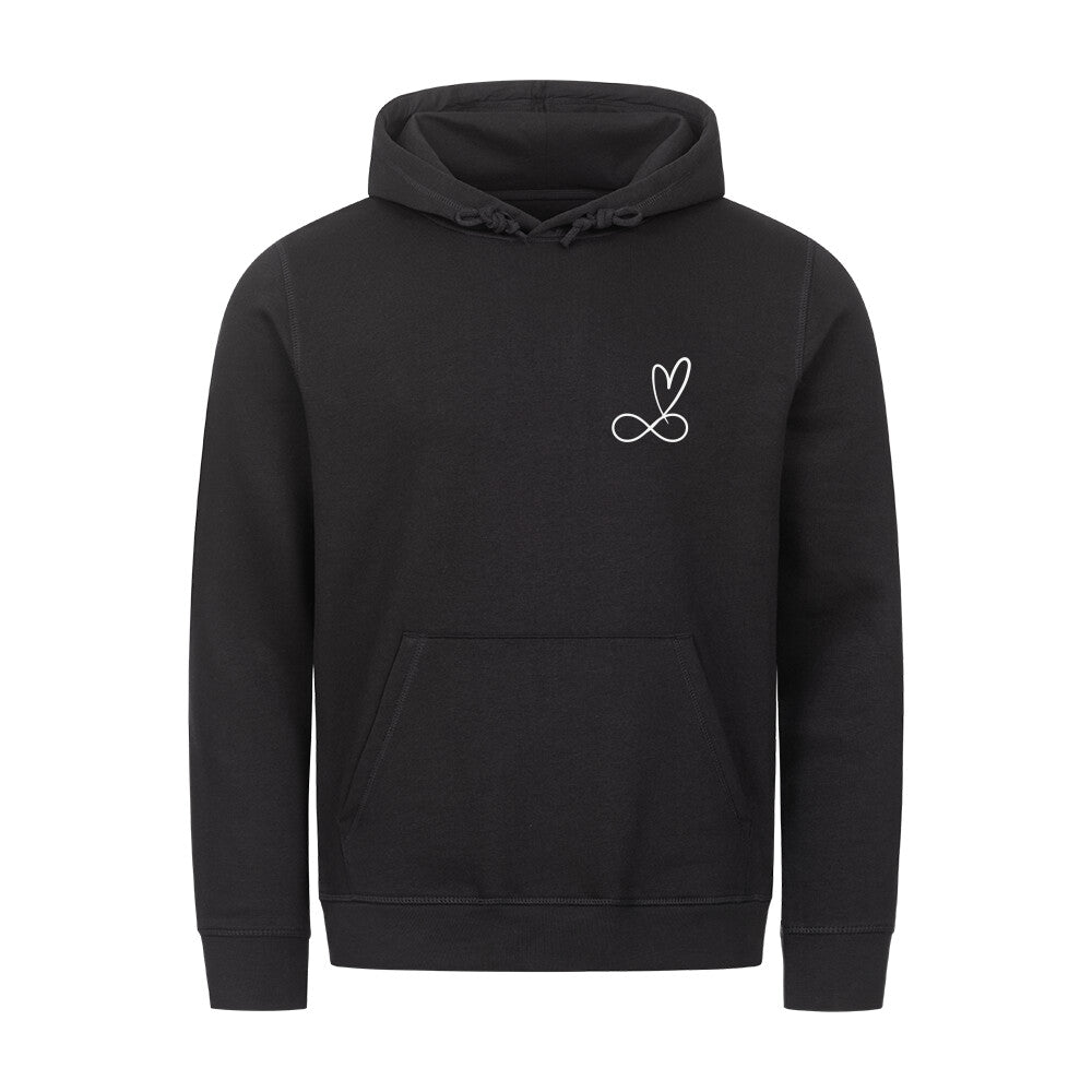 christlicher Hoodie mit einem Unisex-Schnitt in schwarz aus Bio-Baumwolle rechts minimalistisch auf der Brust das unendlich Zeichen und darüber ein Herz. Erhältlich in den Größen XS bis XXL